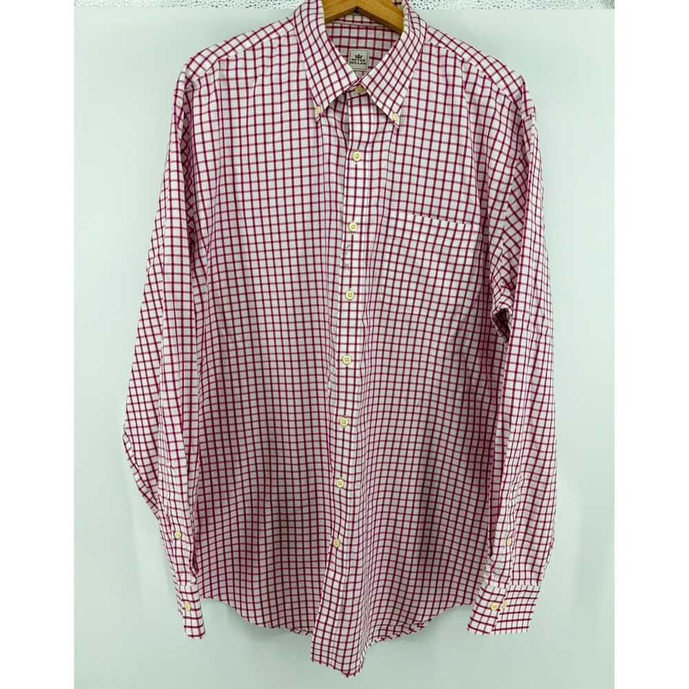 Peter Millar Nanoluxe Shirt Mens Large Tall Red White Tattersall Check 0919 READ